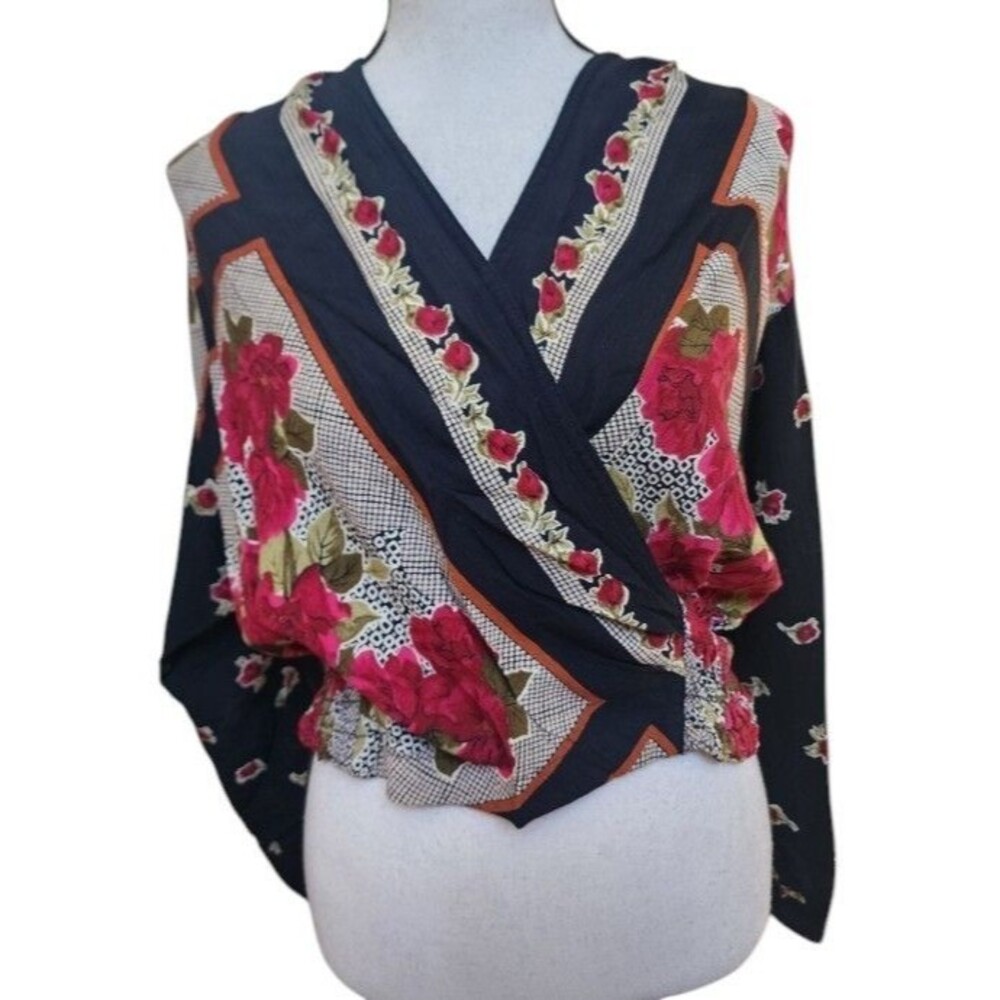 Carole Little Faux Wrap Top Size Large Floral Long Sleeve